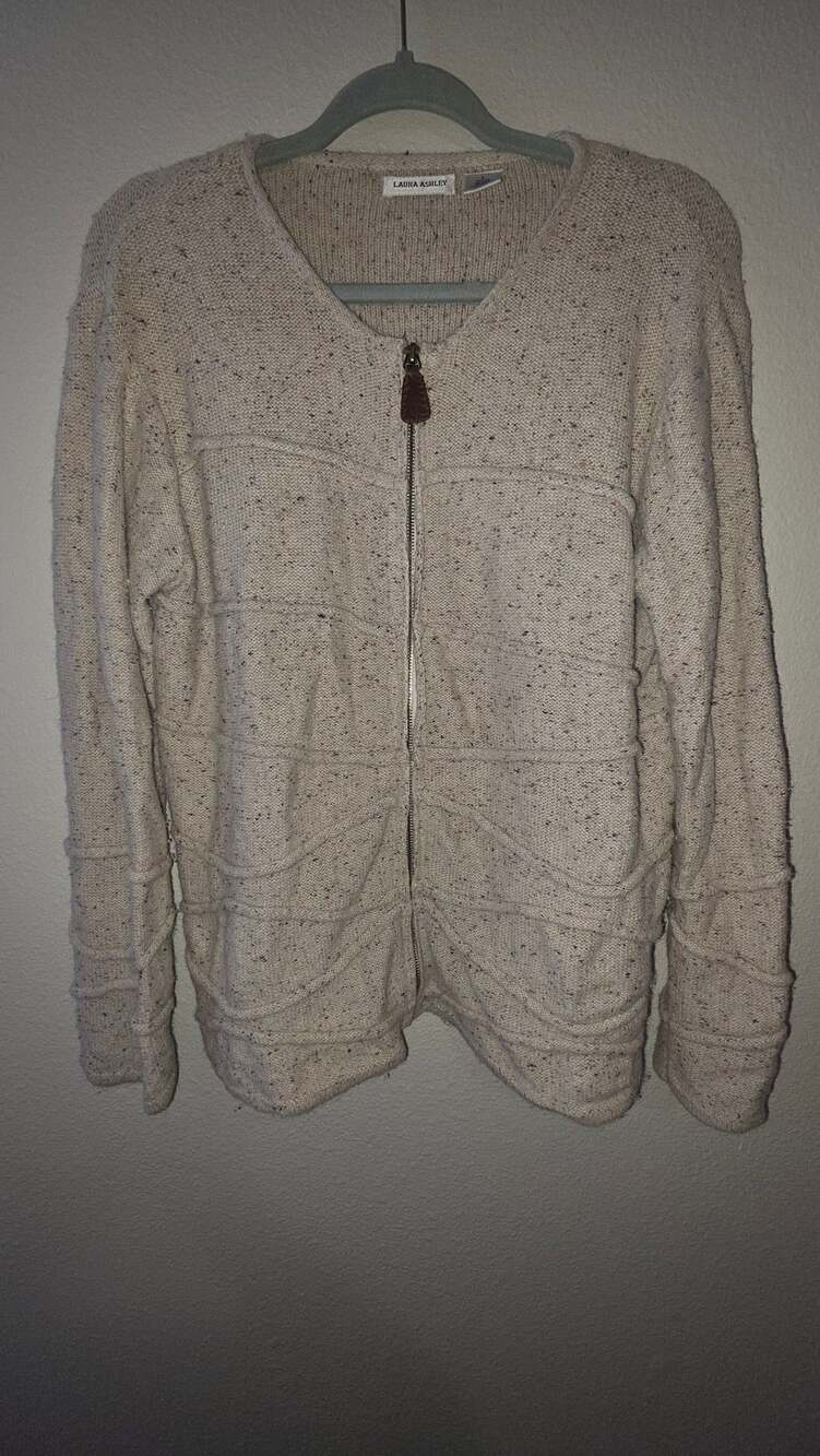 Laura Ashley Size L Gray Speckled Knit Zip-Up Cardigan Sweater with Leather Pull